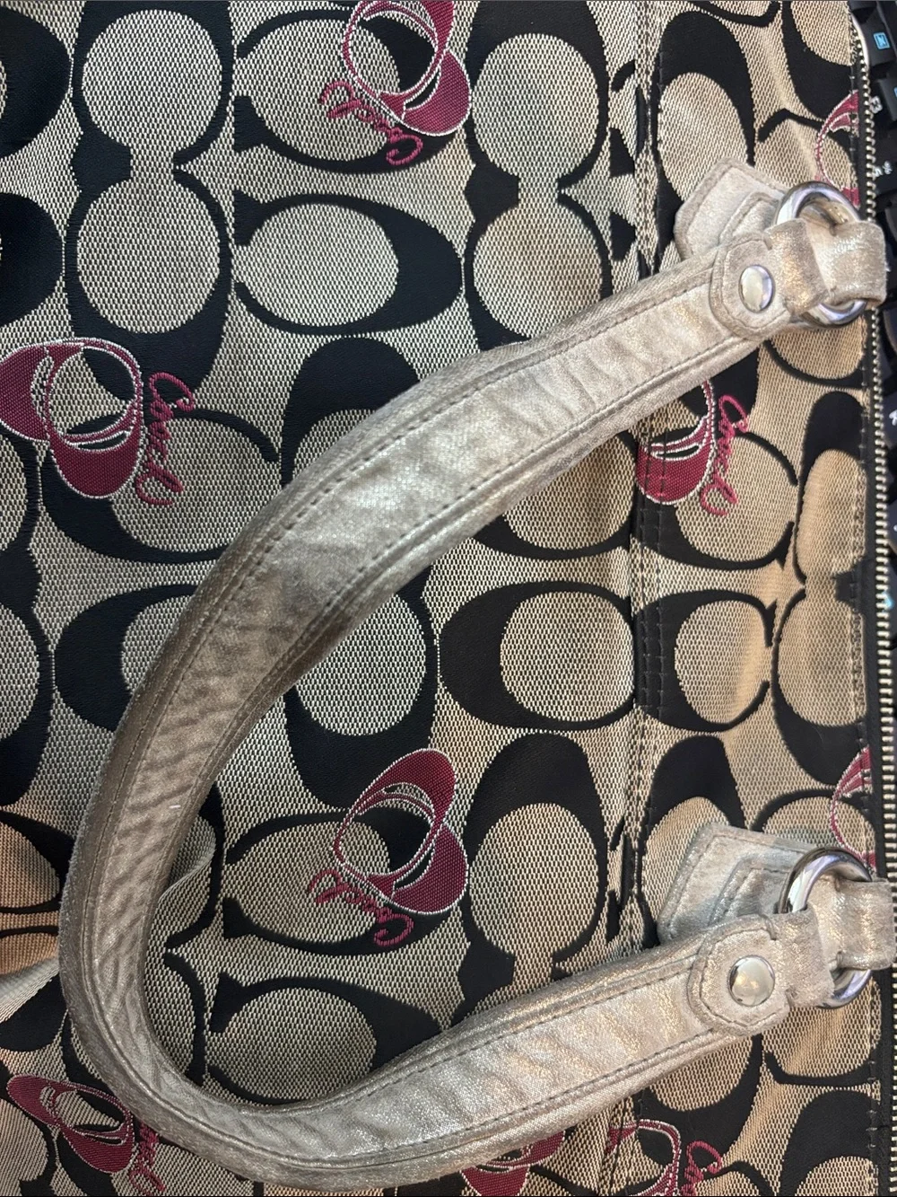 Coach Signature Poppy Large Canvas Tote in Khaki and Black with Pink Accents